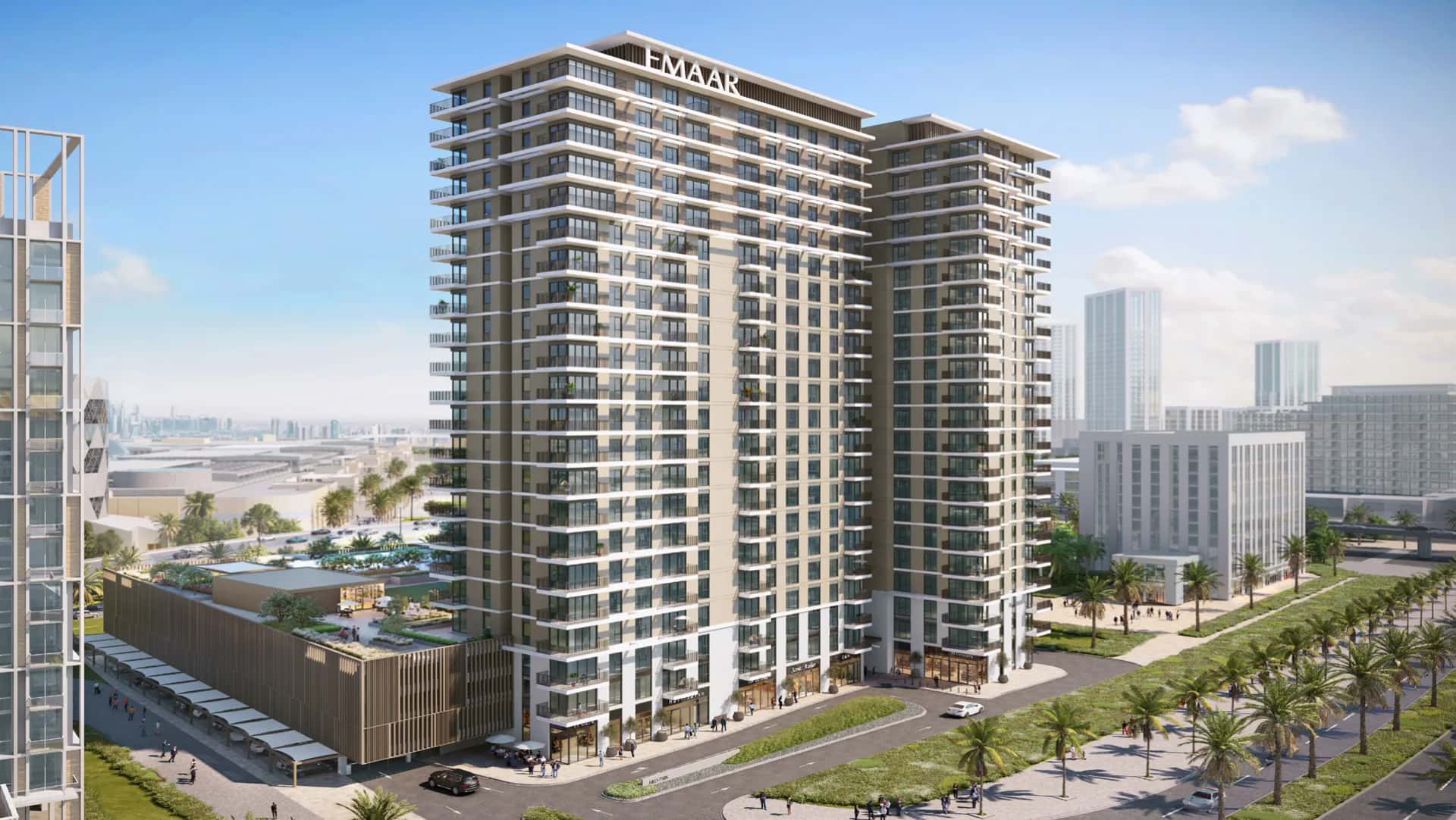 Hills Park residential tower by Emaar in Dubai Hills Estate with landscaped grounds and Dubai skyline views