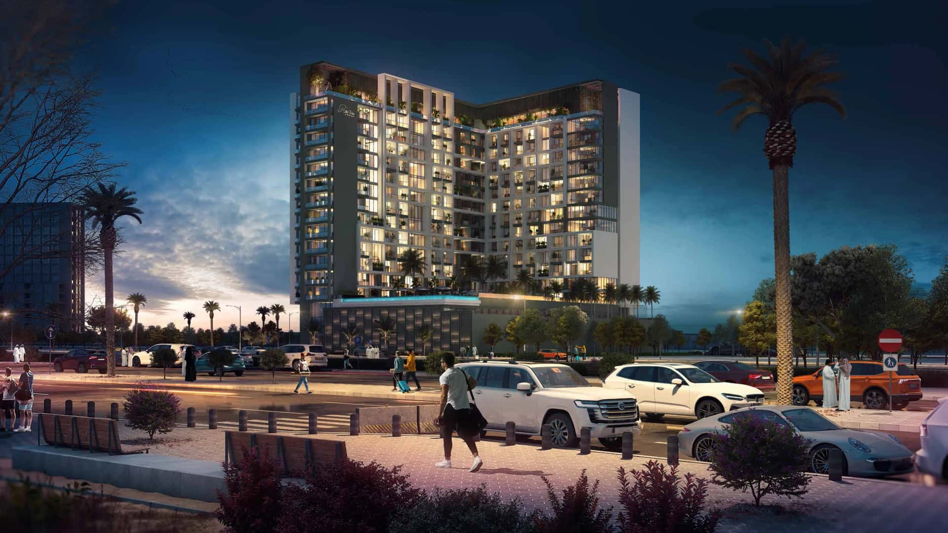 Hills View at Wasl Gate residential tower facade with glass panels and grey cladding, Jebel Ali Dubai
