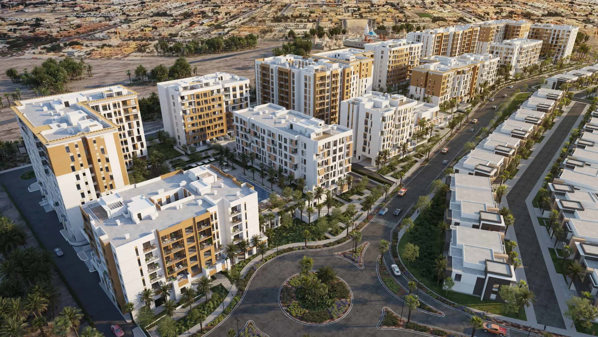 Hillside Residences 2 low-rise buildings and landscaped podium in Wasl Gate, Dubai