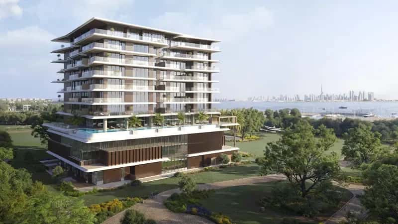 Isolana Residences tower rendering with angular balconies on Island A, Palm Deira, Dubai Islands