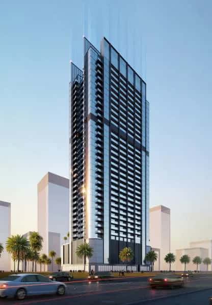 Jade Tower residential building in Majan, Dubai, showing 28-floor contemporary facade near Dubailand
