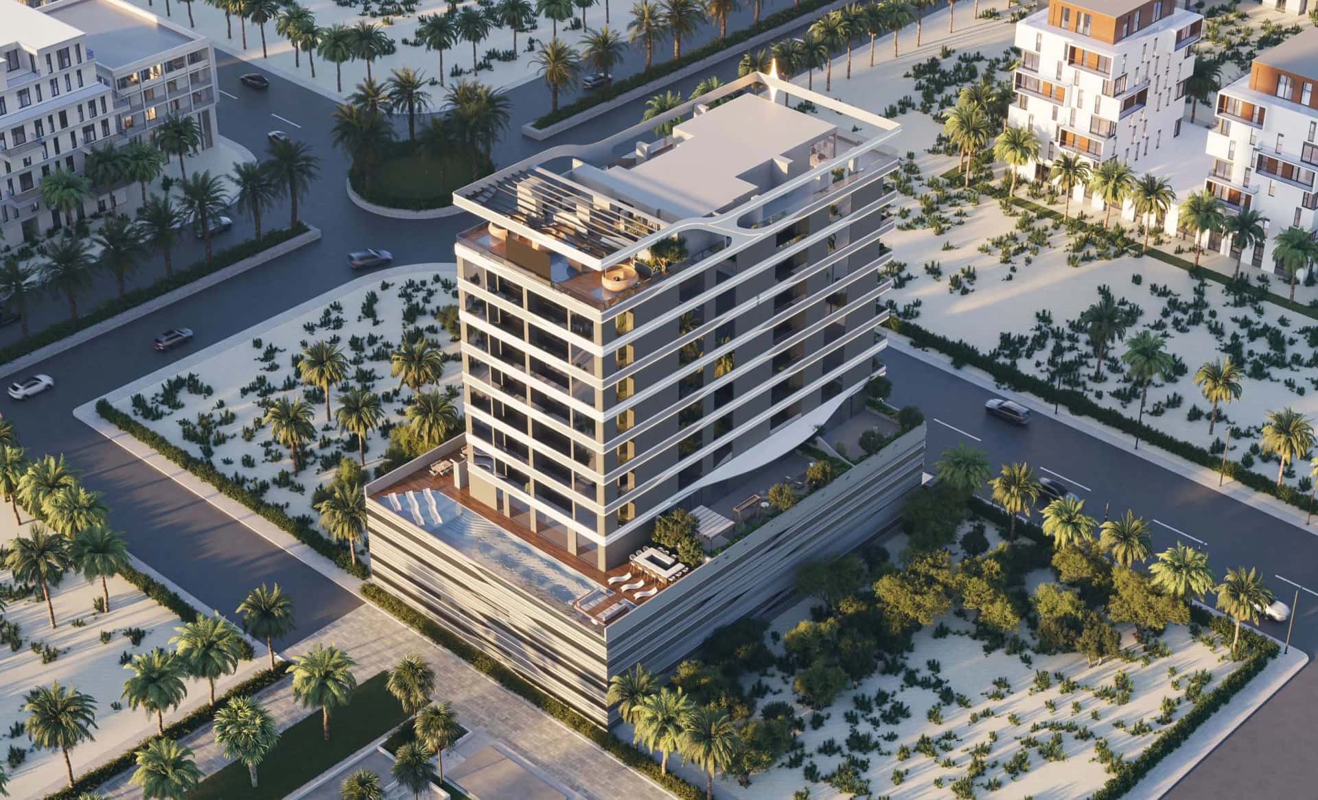Jardin Astral fluidic-design luxury apartment building in Jumeirah Garden City, Dubai, with park-facing facade and illuminated exterior