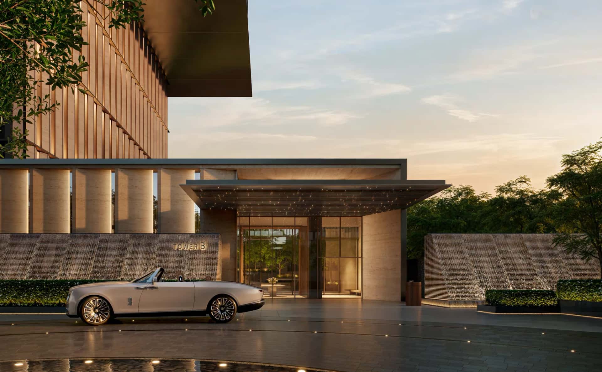 Jumeirah Residences Emirates Towers cantilevered facade on Sheikh Zayed Road, Dubai