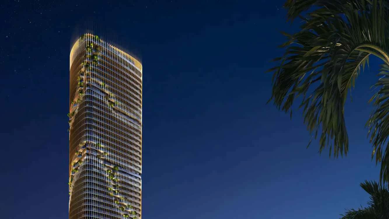 Kanyon by Beyond tower with green facade ribbon in Dubai Maritime City Forest District