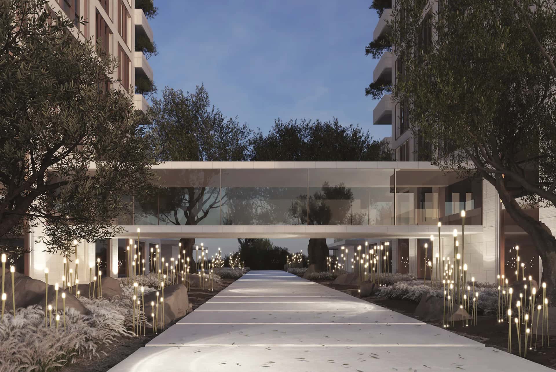 Keturah Reserve apartment facade with travertine and bronze detailing in Meydan, Dubai