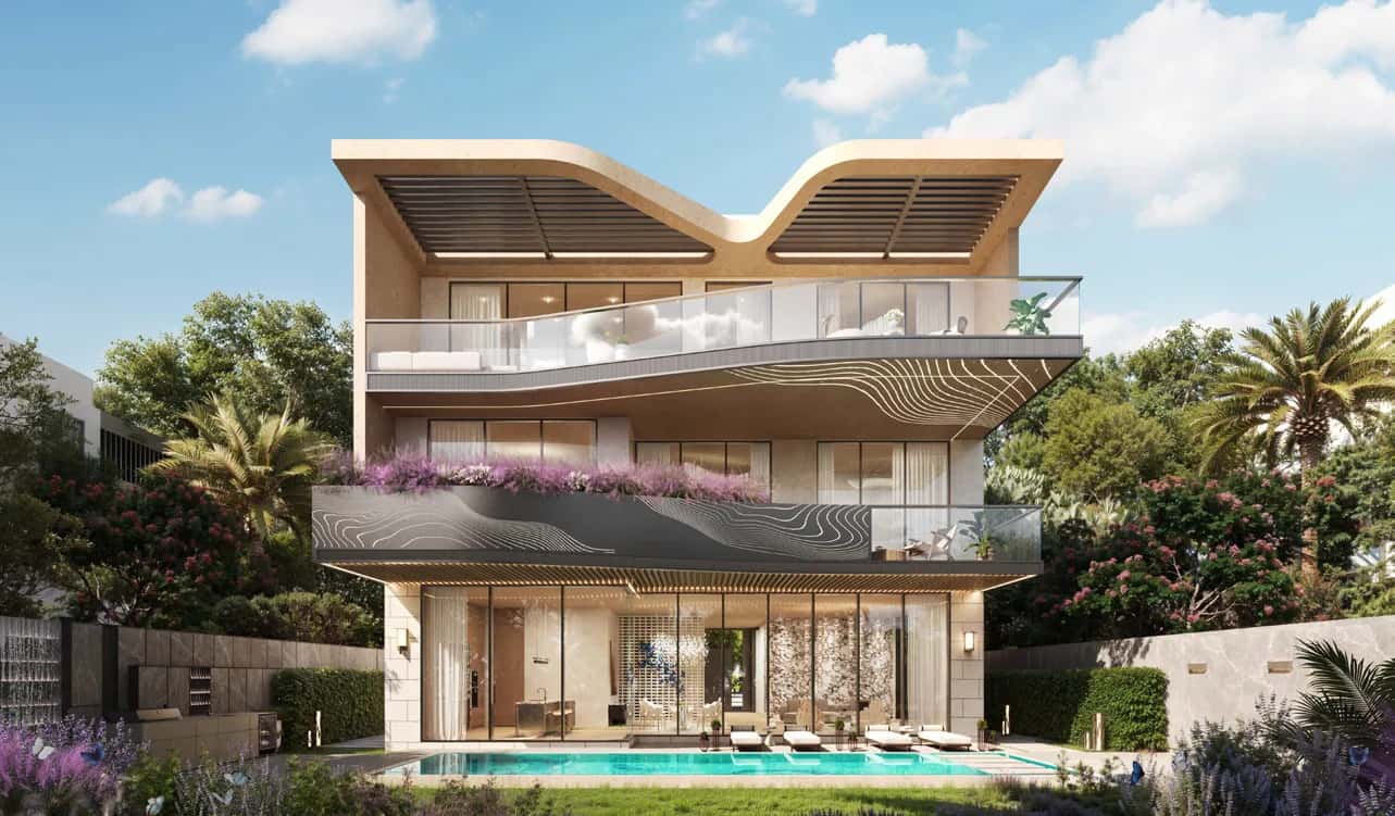 Knightsbridge Park 2 villa with Georgian-style facade, natural stone cladding, and swimmable lagoon in Meydan District 11, Dubai