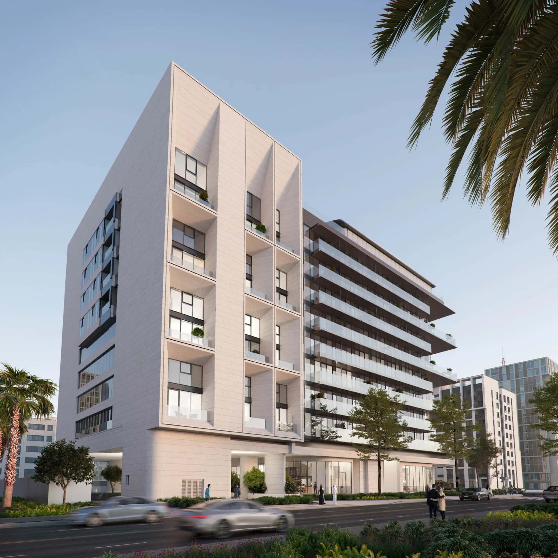 Koro One residential building exterior and rooftop amenities in Jumeirah Garden City, Dubai