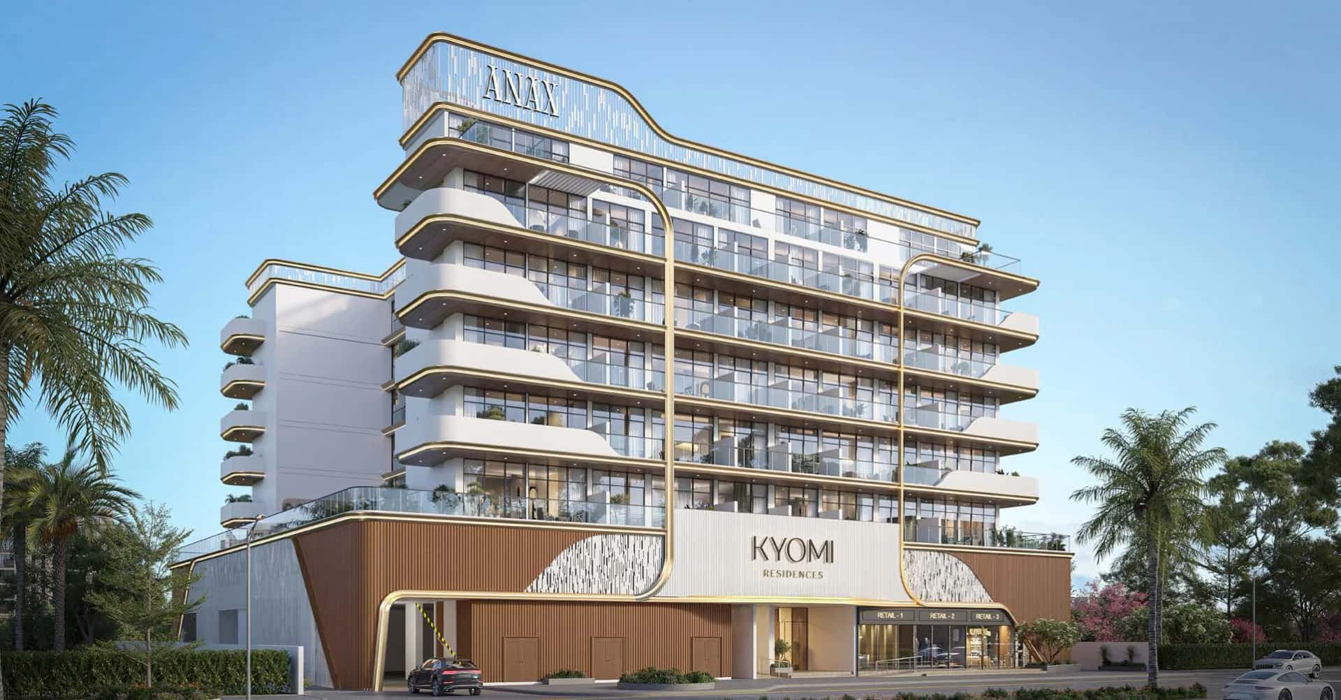 Kyomi Residences exterior render, Warsan Fourth Dubai, G+P+6 boutique residential building by ANAX Developments