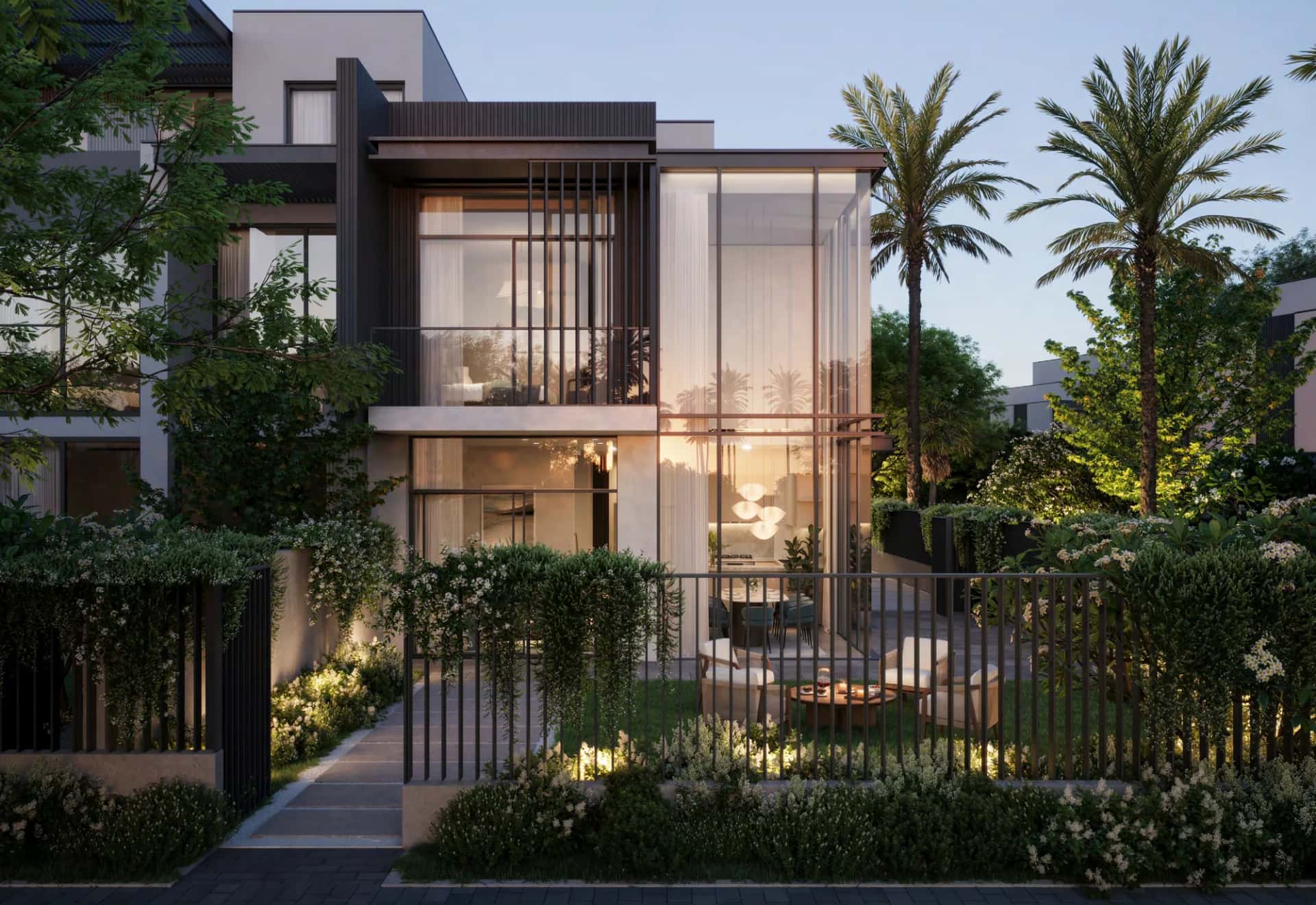 La Tilia townhouses at Villanova with landscaped gardens and community lagoon in Dubailand
