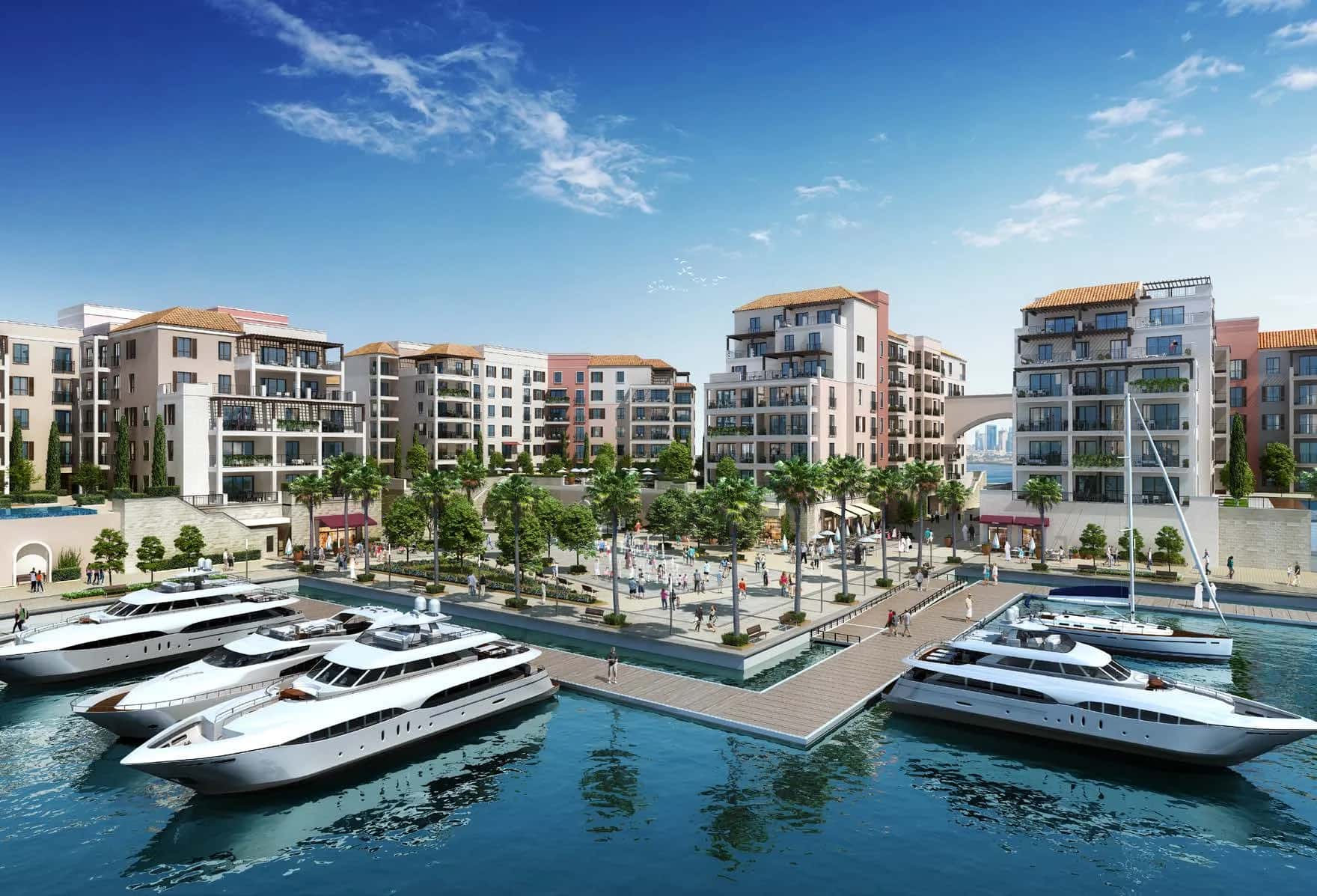 La Voile apartment buildings at Port De La Mer with marina and Jumeirah 1 coastline in the background