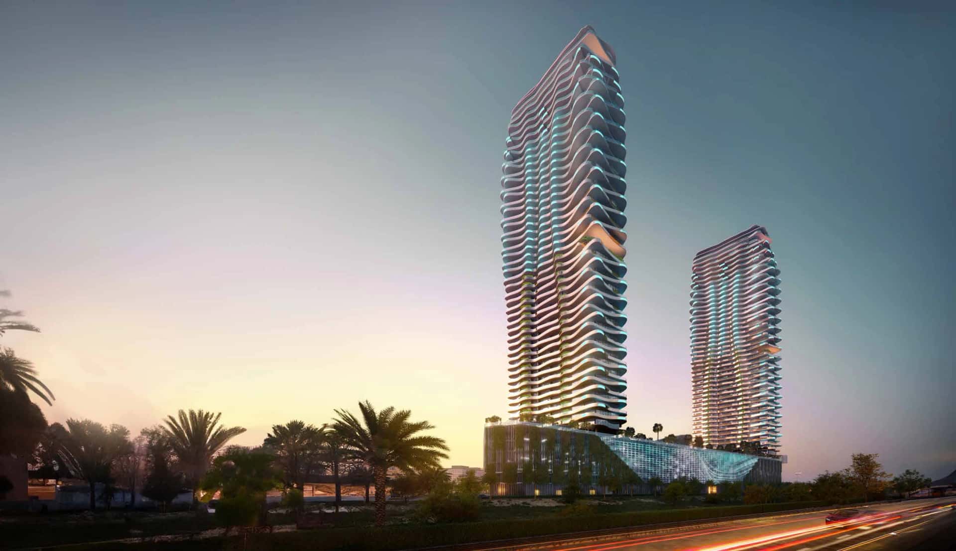 Laguna Residence twin towers Tiffany and Cyan with swimmable podium lagoon, City of Arabia Dubai