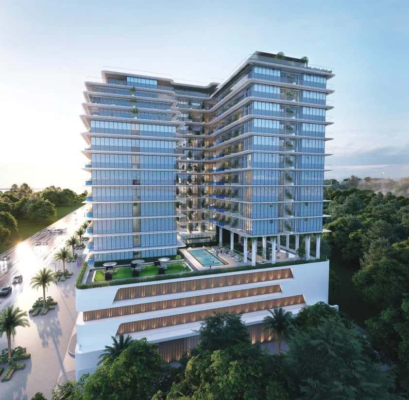 Lazord By Lapis residential tower exterior in Majan, Dubai