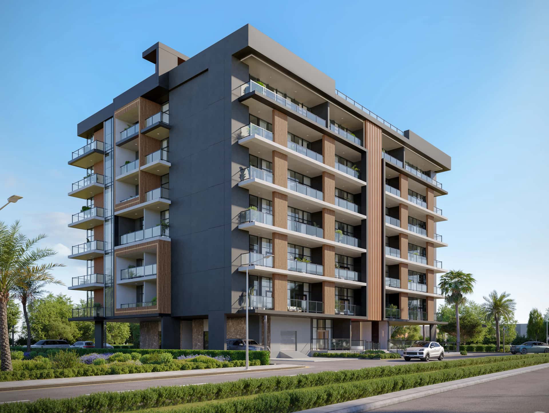 Lilian Residences exterior facade, Dubai South Residential District, rooftop pool apartment building by London Gate