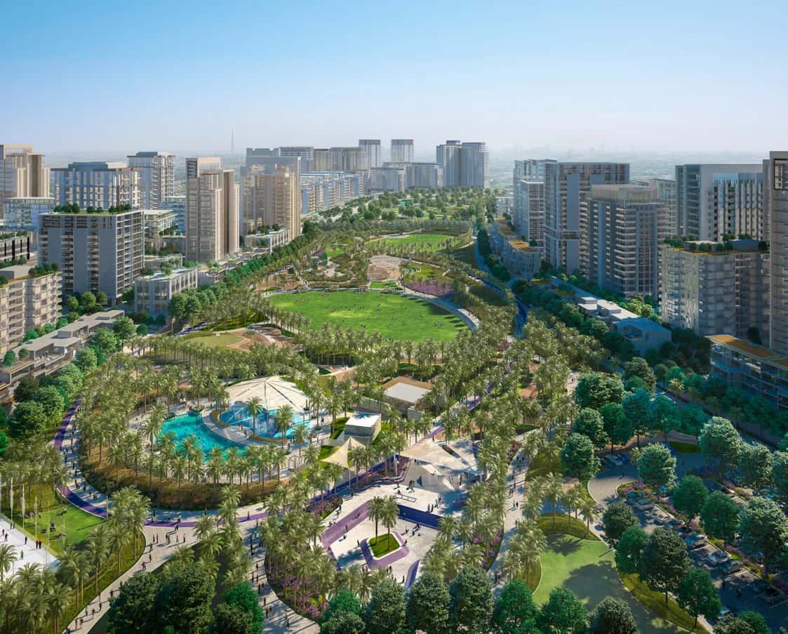 Lime Gardens residential tower overlooking Dubai Hills Park in Dubai Hills Estate