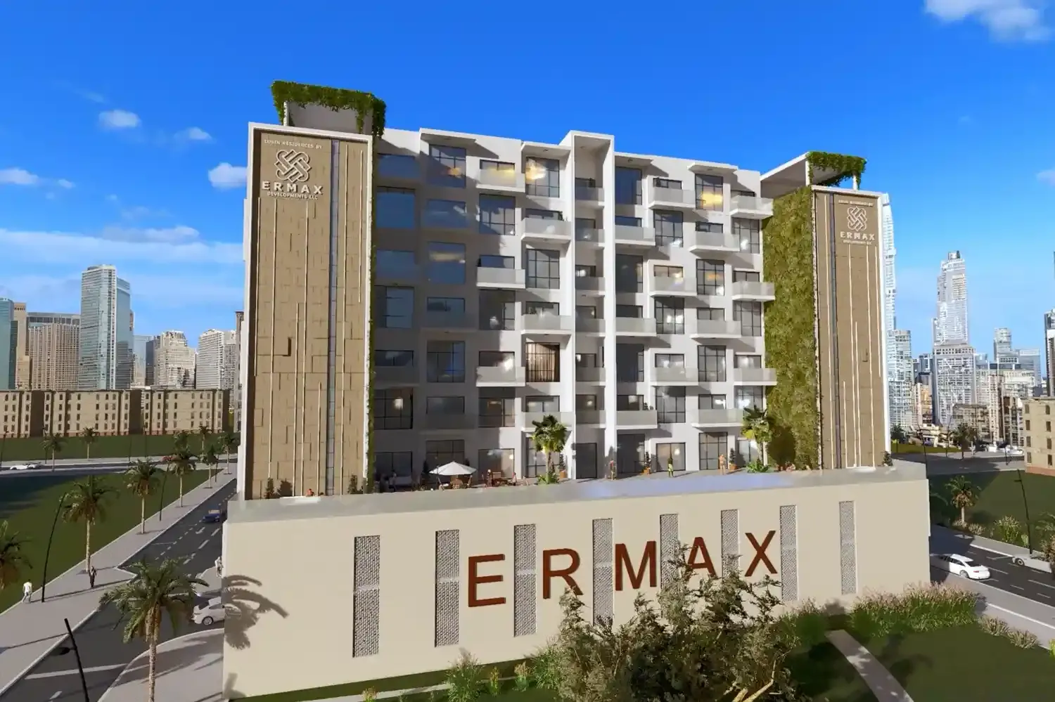 Exterior render of Lusin Residences apartment building in International City, Dubai