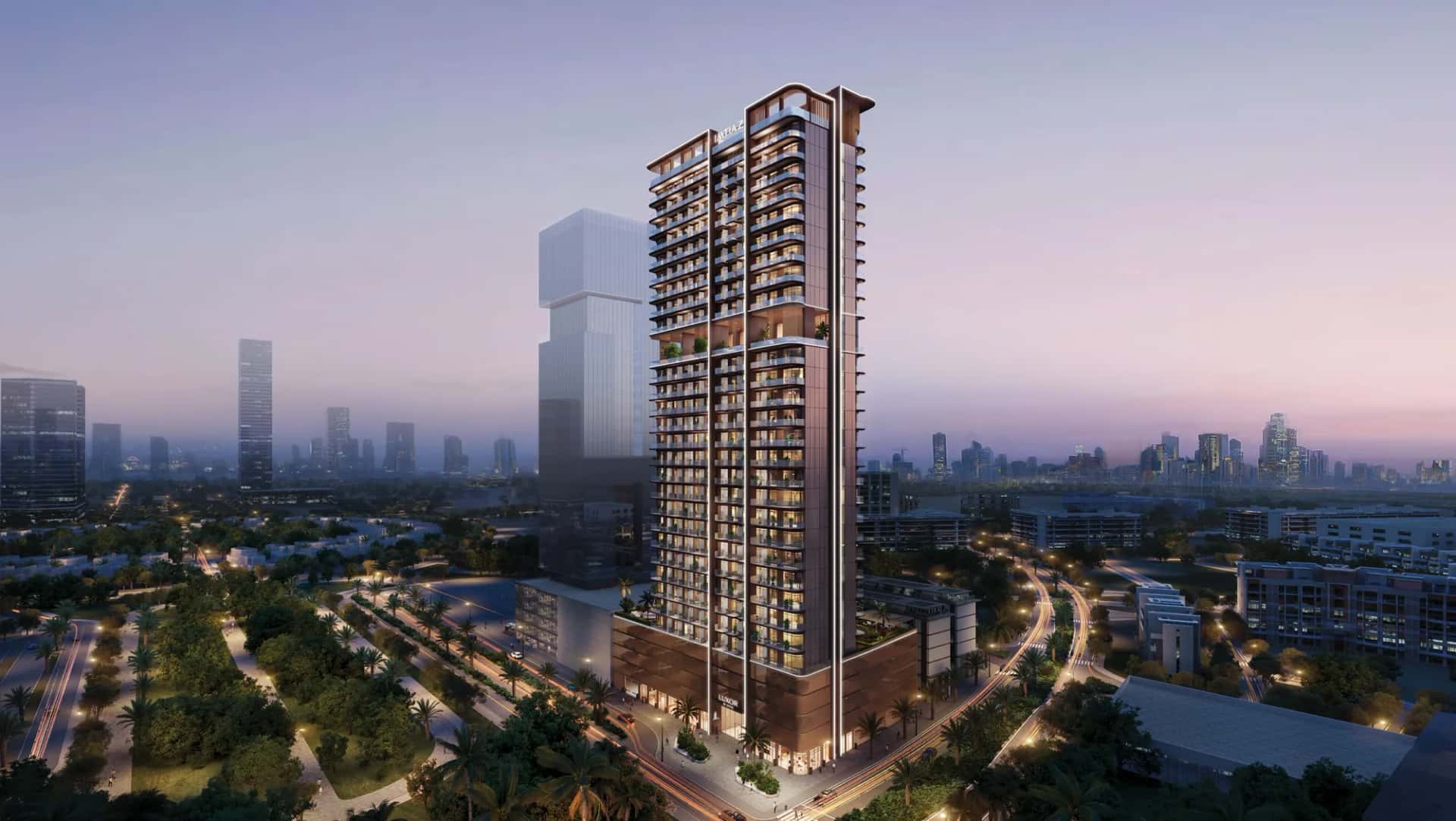 Luxor Tower by Imtiaz rooftop infinity pool and skyline view in Jumeirah Village Circle
