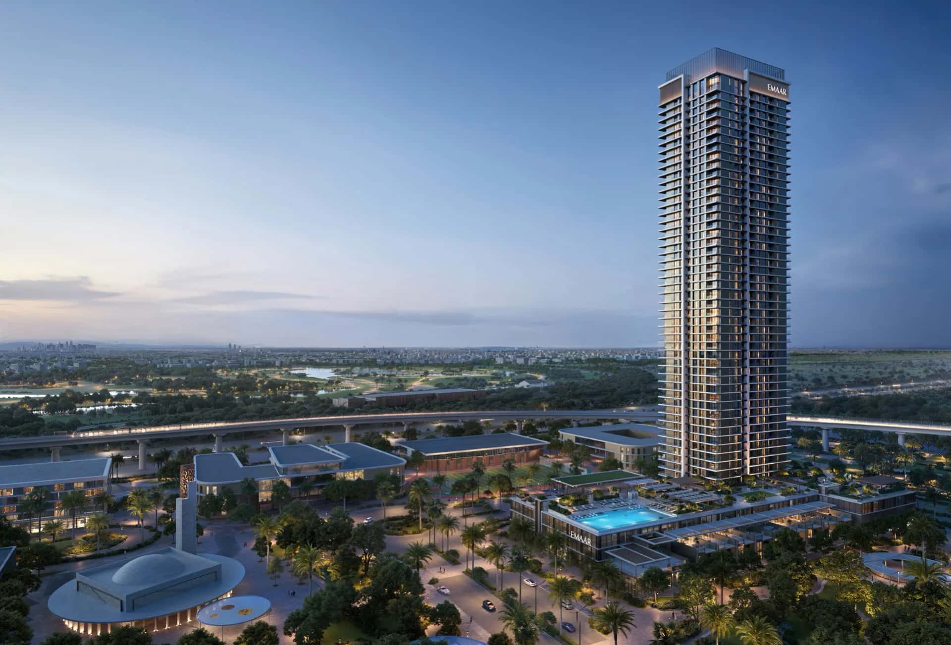 Lyvia by Palace 47-storey tower at Dubai Creek Harbour's Green Gate with park and creek views