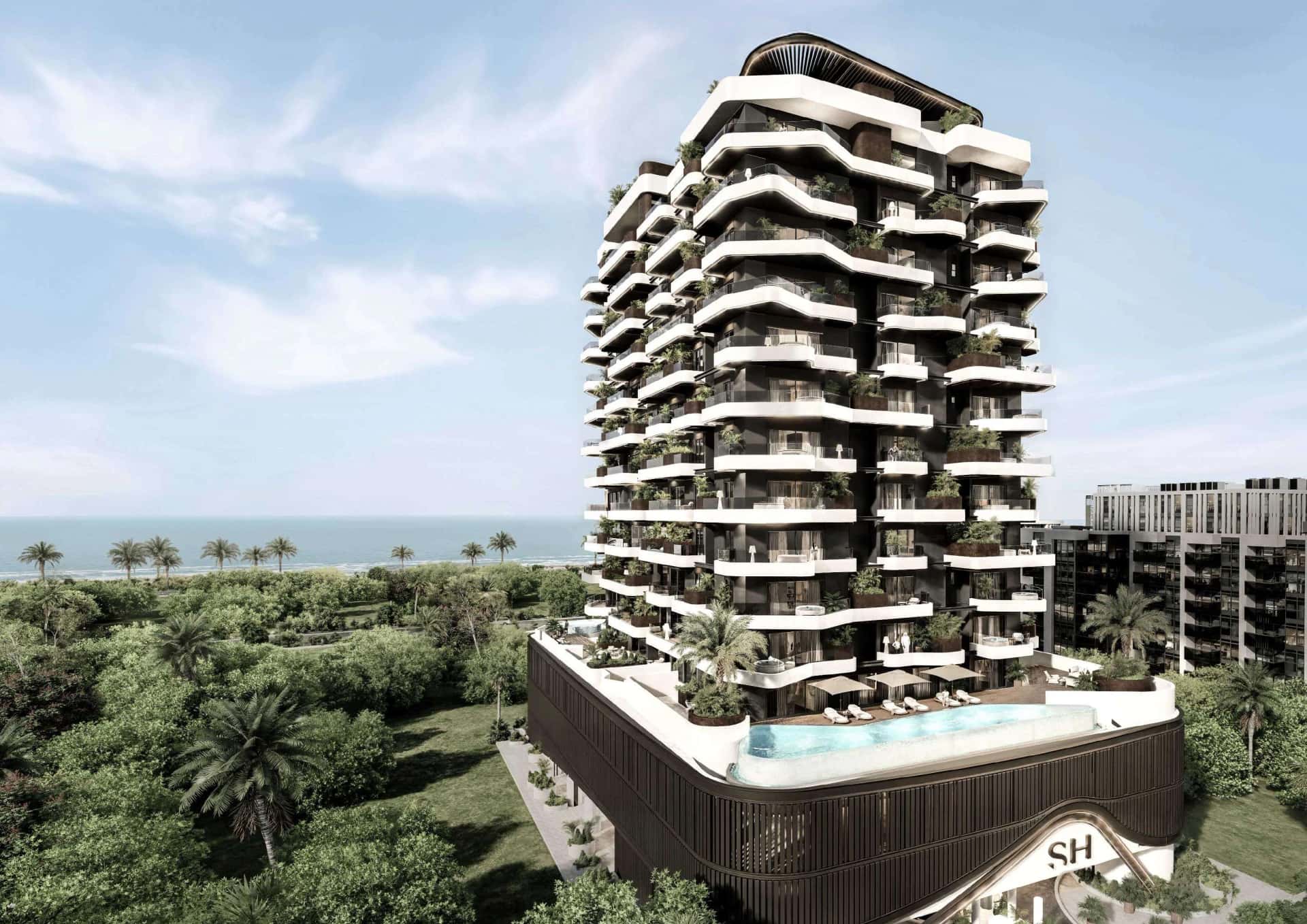 Marea Residences exterior on Dubai Islands, wave-form facade with tiered podium gardens and infinity pool