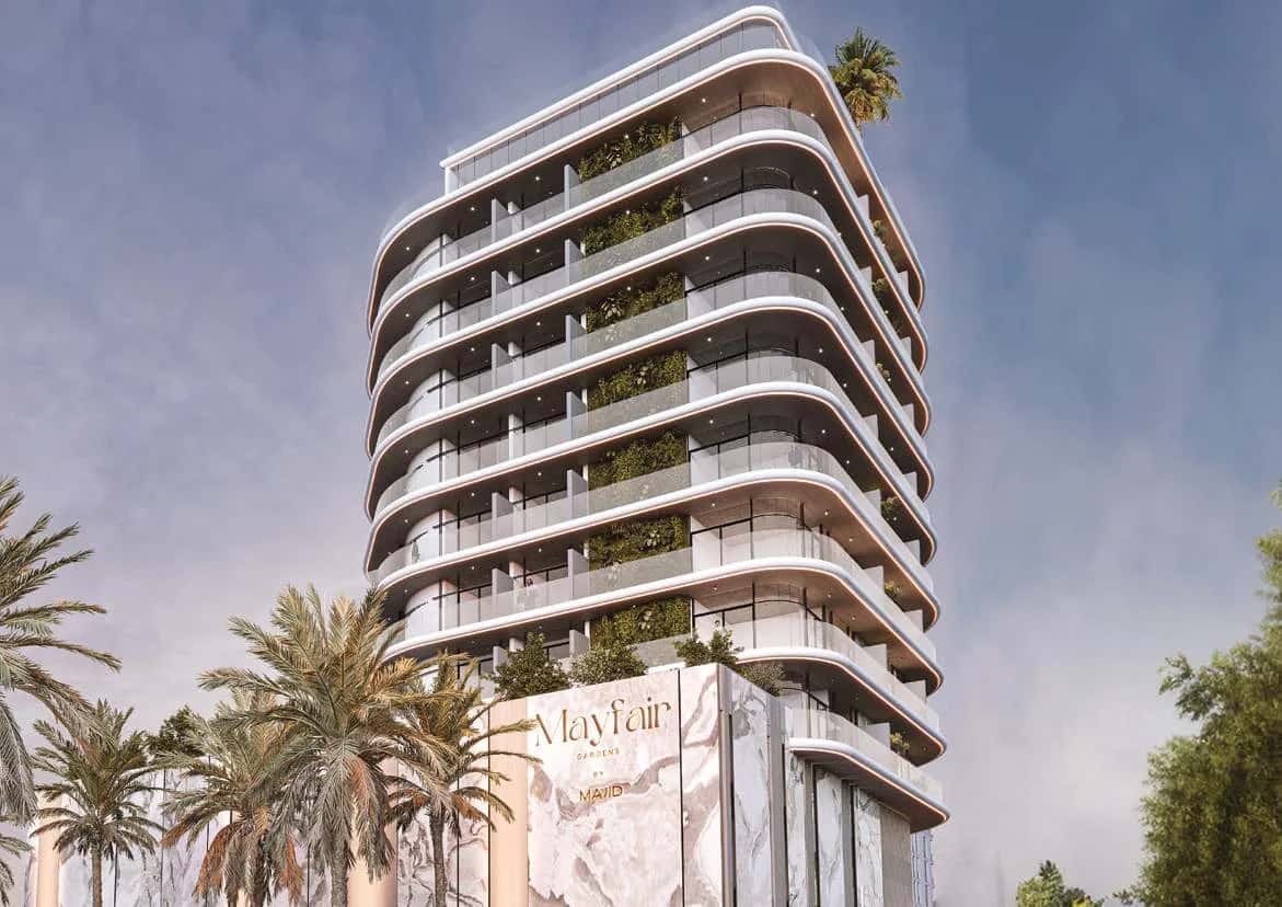 Mayfair Gardens by Majid residential tower in Jumeirah Garden City Dubai with infinity pool and skyline views