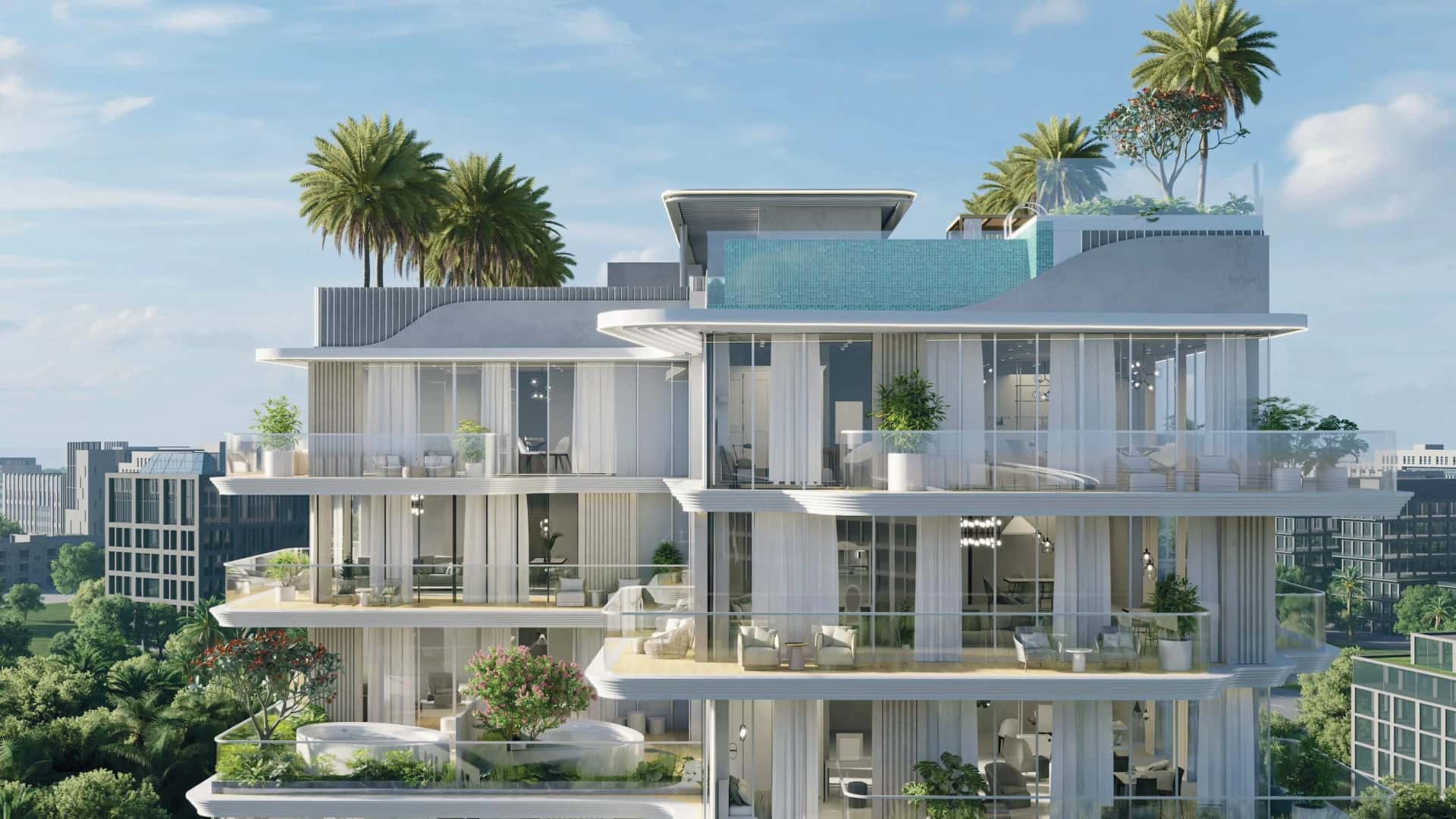 Meriden Beach Residences facade on Dubai Islands (Palm Deira) with curved balconies and coastal views