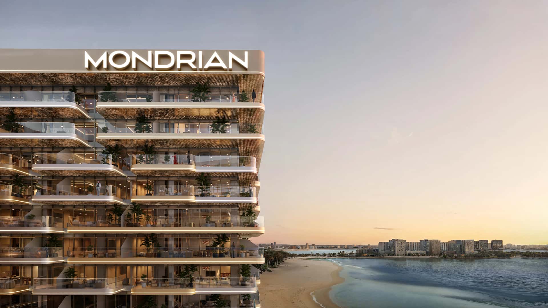 Mondrian Al Marjan Island Beach Residences at sunset