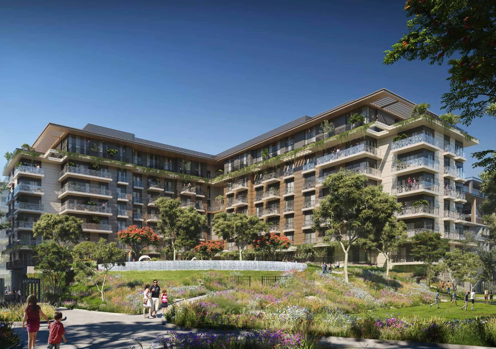 Myrtle residential building at Central Park City Walk Dubai, showing park-facing facade and terrace apartments by Meraas