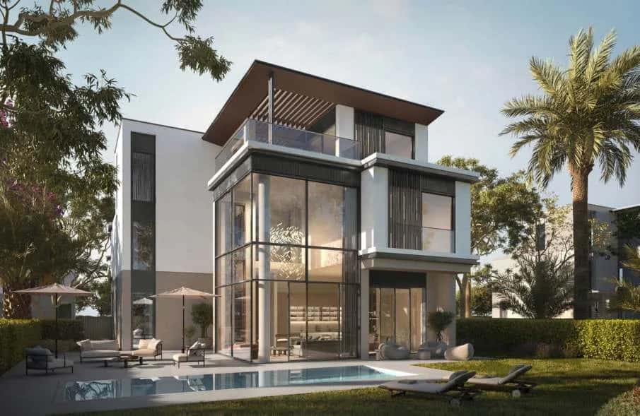 Exterior view of Nad Al Sheba Gardens Phase 6 villa with bronze screens and landscaped garden, Dubai