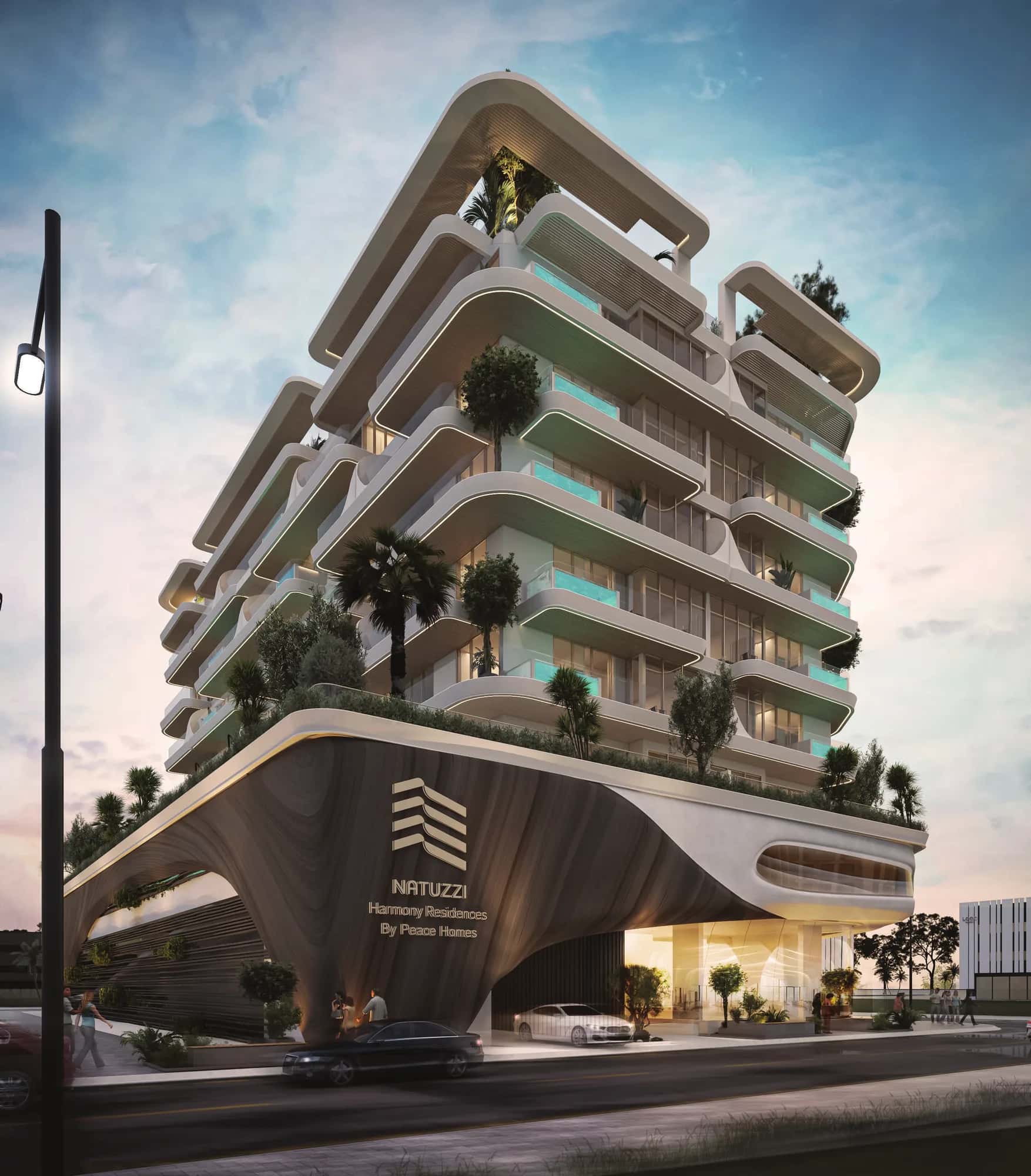Natuzzi Harmony Residences exterior on Dubai Islands, contemporary facade with landscaped waterfront surroundings