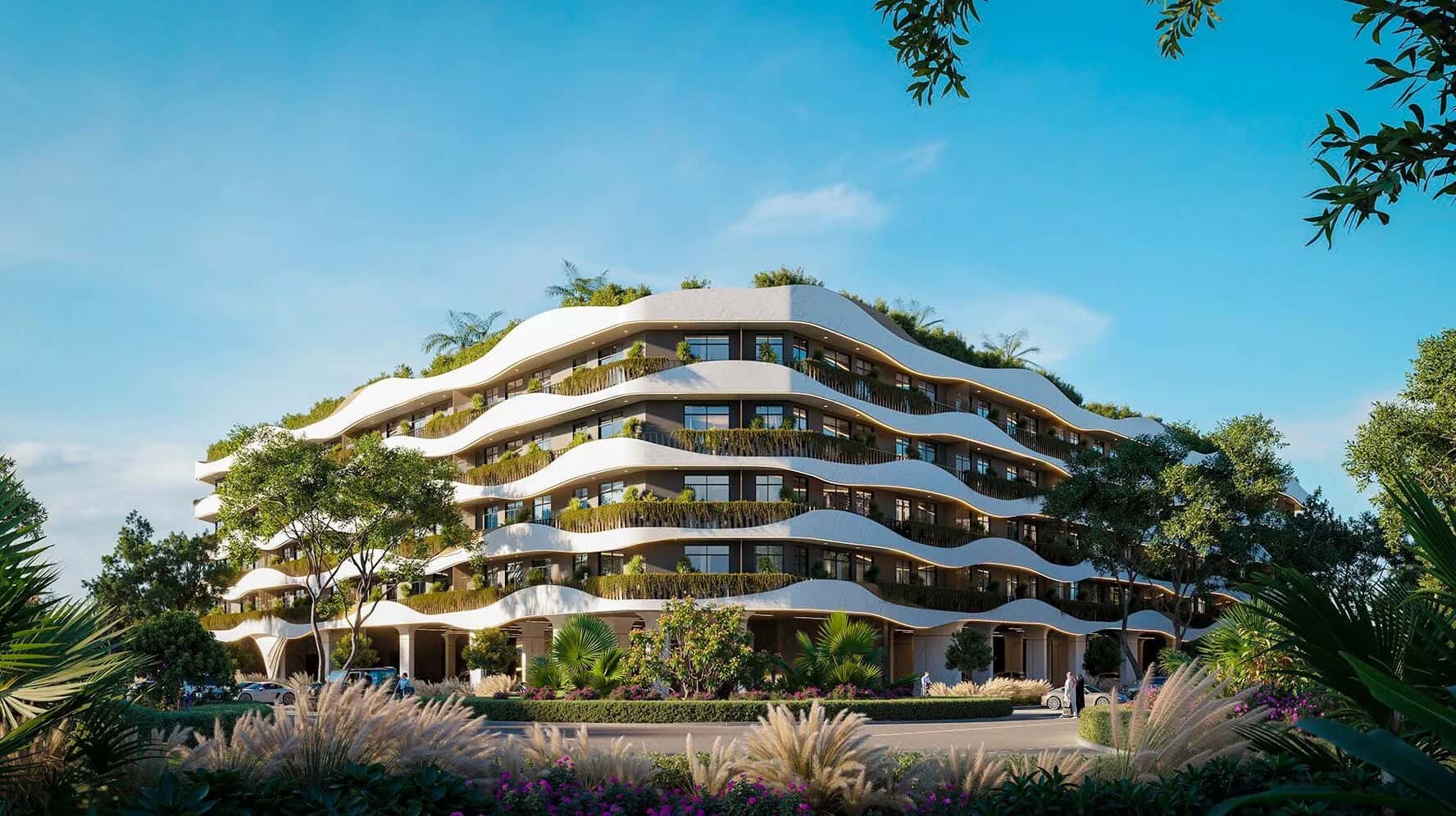 Oasis Residences building exterior with terrace garden and swimming pool in Dubai South Residential District
