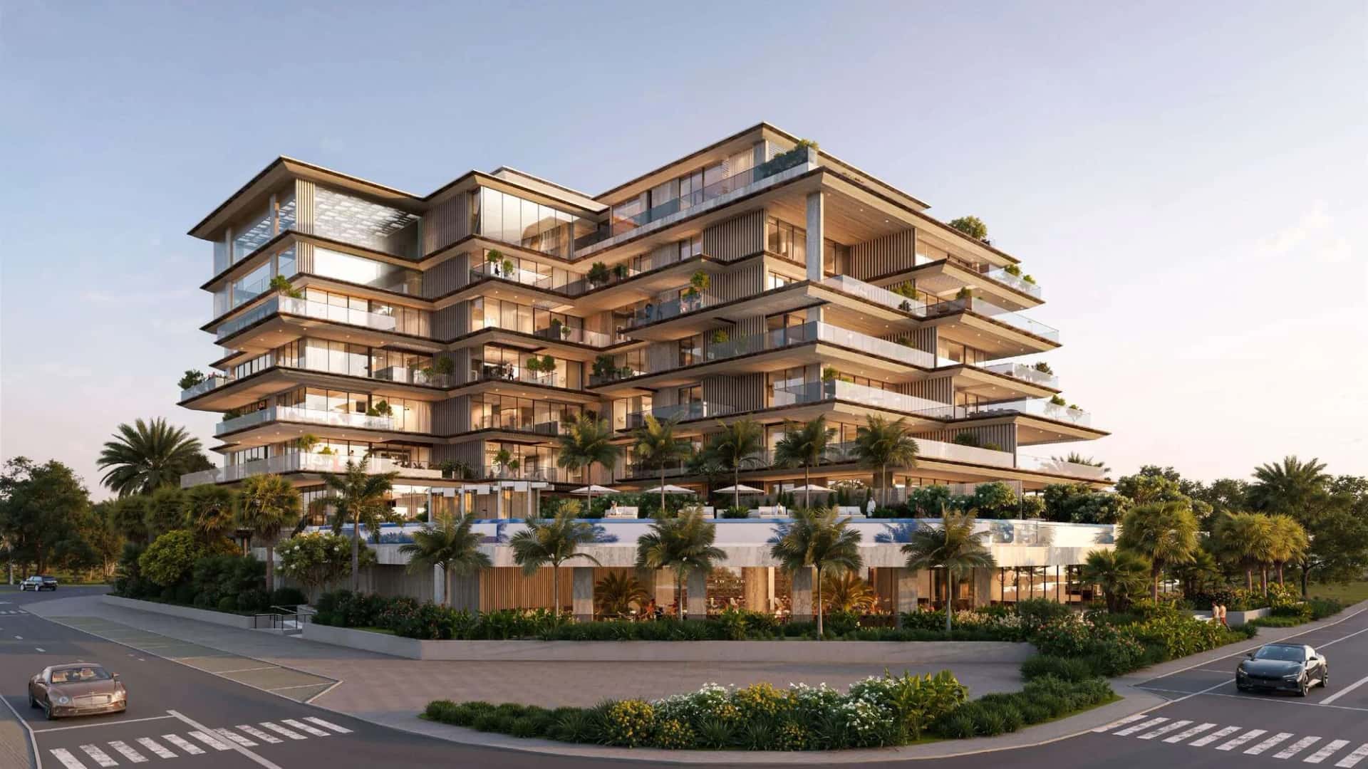 Exterior render of Omoria Hotel Residences on Palm Deira with sea-facing facade