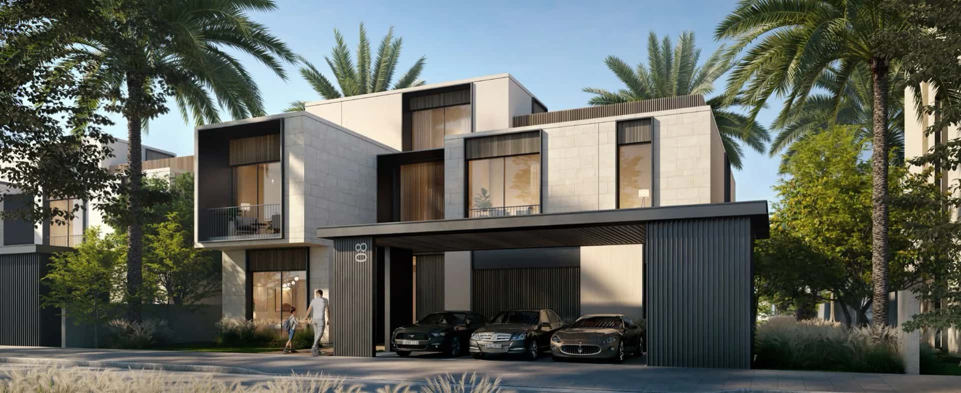 Palm Hills villa exterior with landscaped garden overlooking Dubai Hills Golf Club