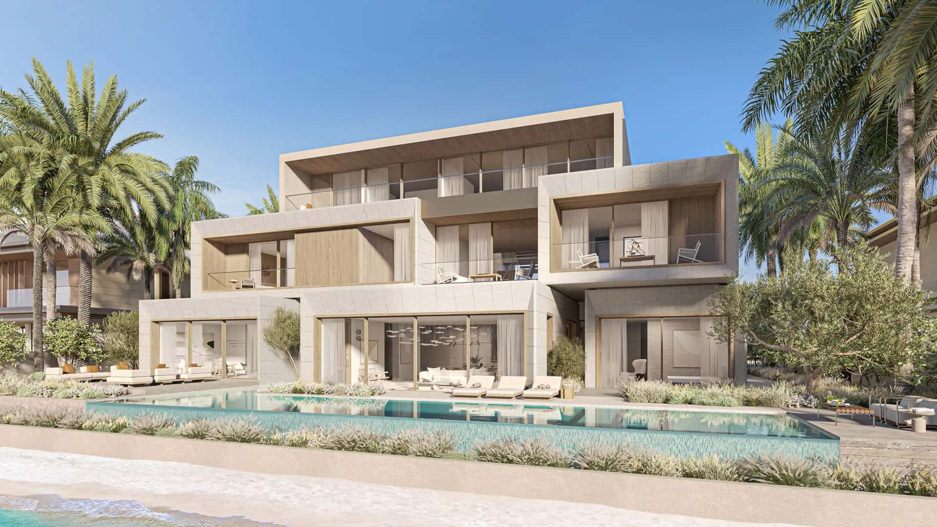 Contemporary beach villa on Palm Jebel Ali Frond D with floor-to-ceiling glazing and direct beach access, developed by Nakheel
