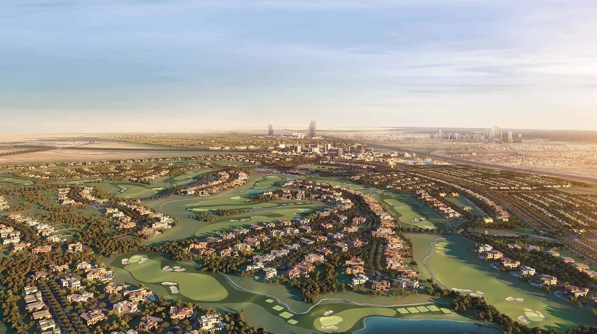 Parkway Vistas villa exterior overlooking the Dubai Hills Estate golf course