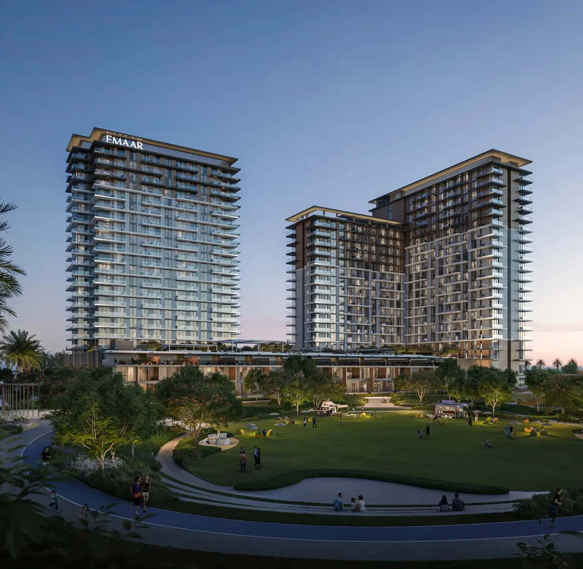 Parkwood by Emaar in Dubai Hills Estate, three residential towers overlooking Hillside Park with Dubai skyline views