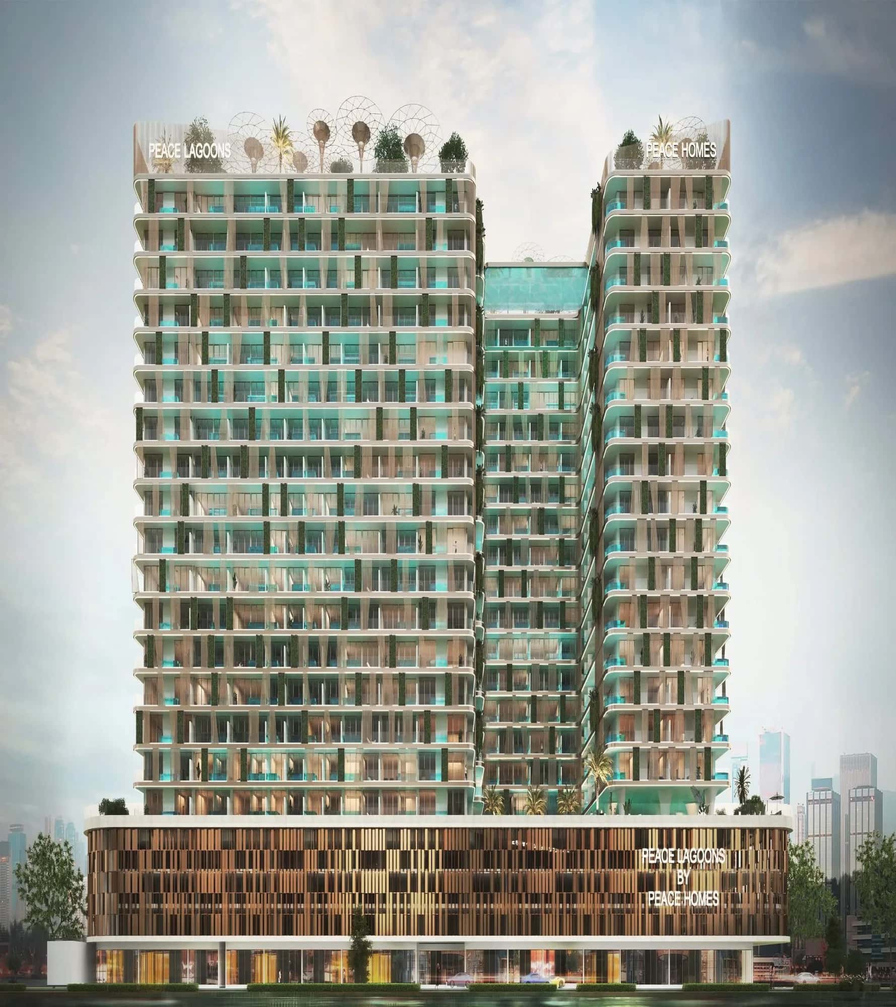 Exterior render of Peace Lagoons tower with central lagoon in Dubai Land Residence Complex