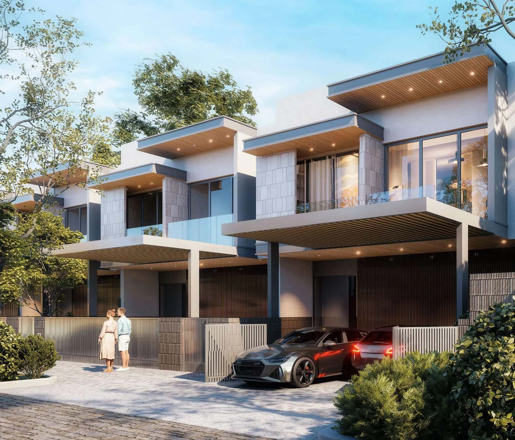Exterior view of Pinewood Estate Homes villas in Jumeirah Golf Estates, Dubai