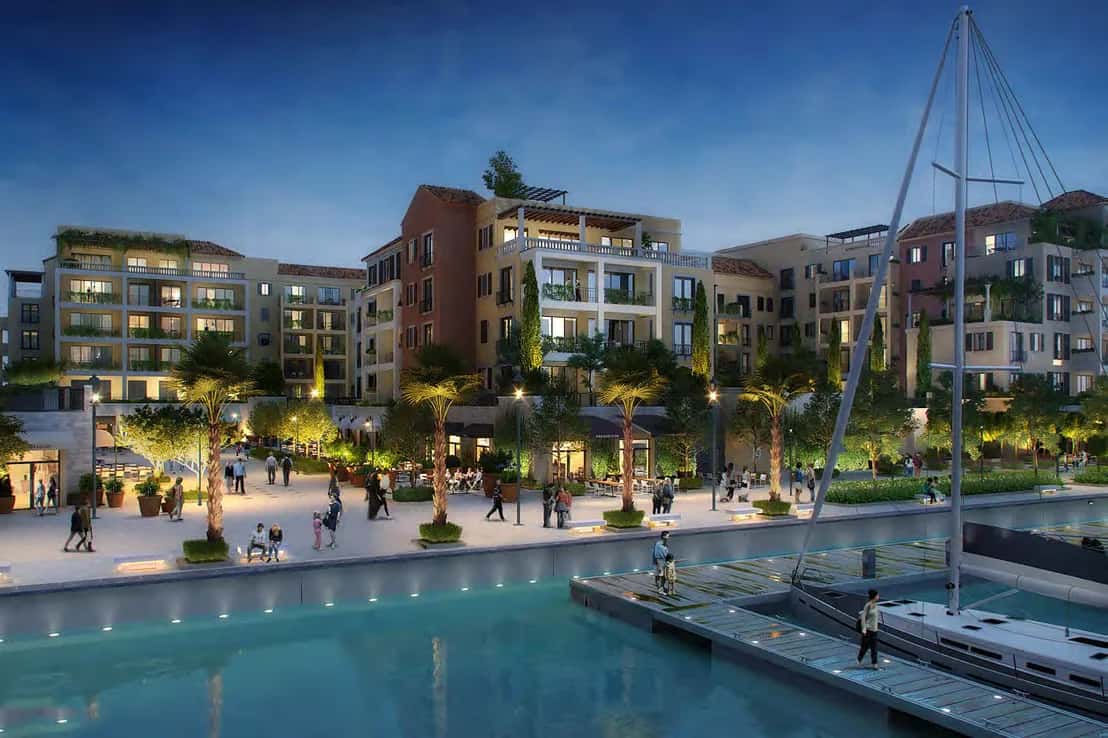 La Cote at Port de La Mer: low-rise Mediterranean apartment buildings with marina and Arabian Gulf views, Jumeirah Dubai