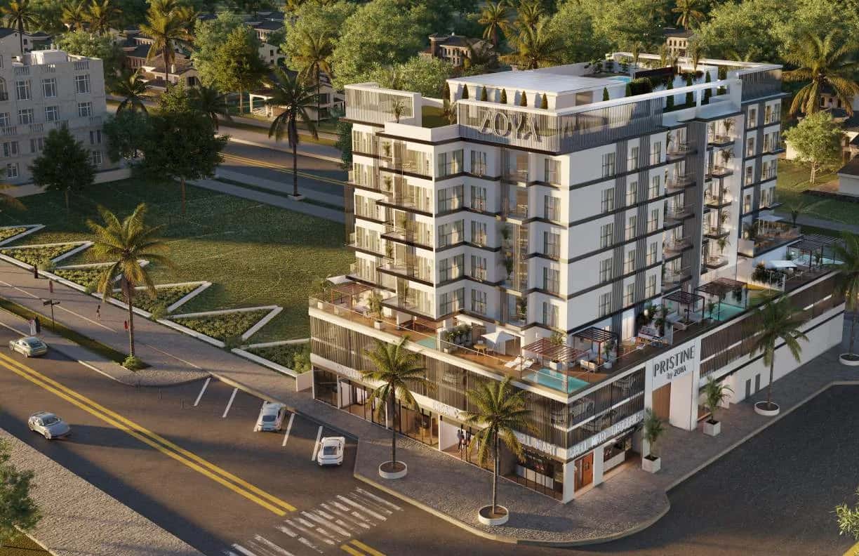 Pristine by Zoya residential tower exterior in Al Furjan, Dubai