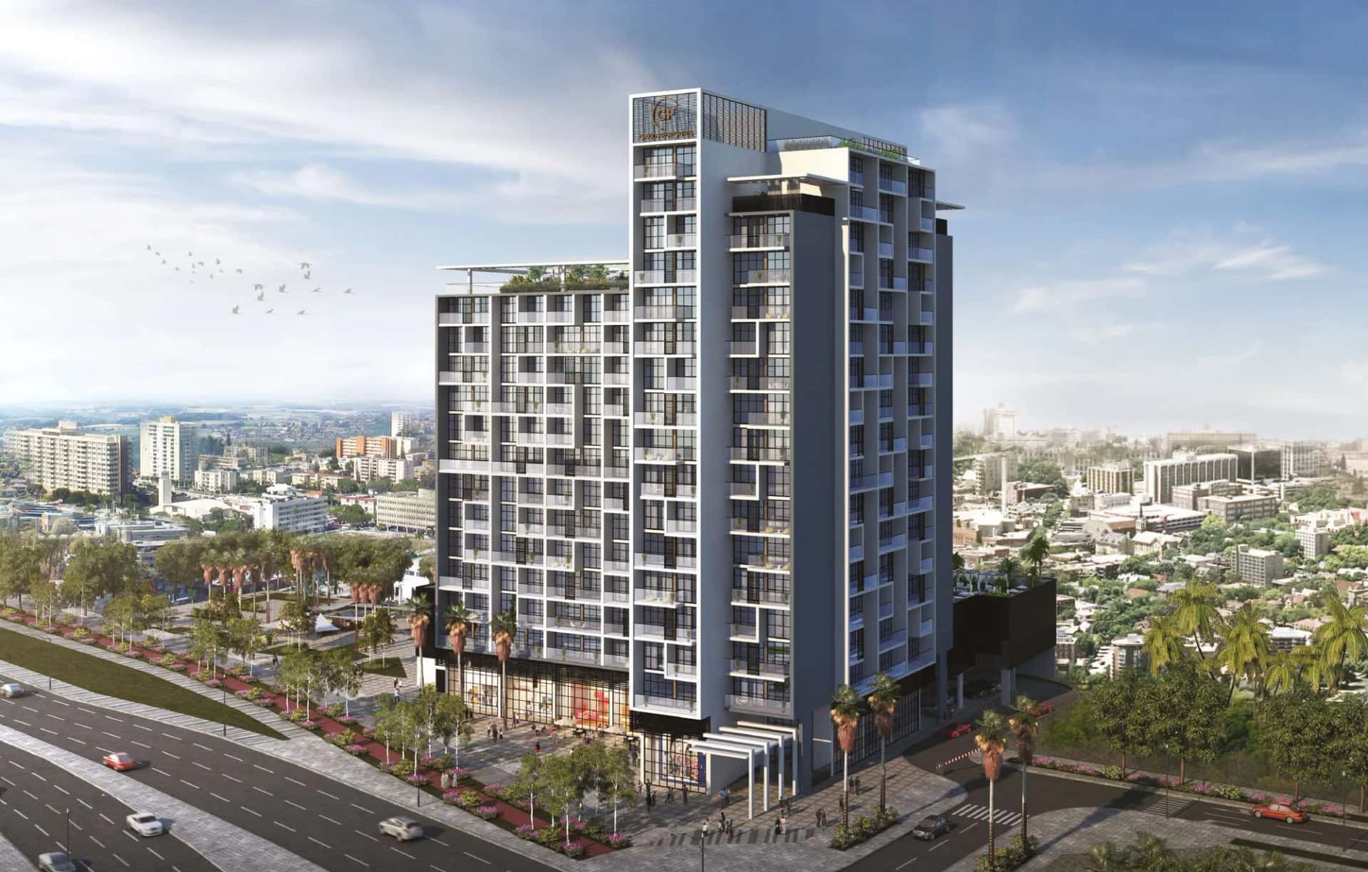 Prive Residence tower exterior in Dubai Hills Estate with landscaped surroundings
