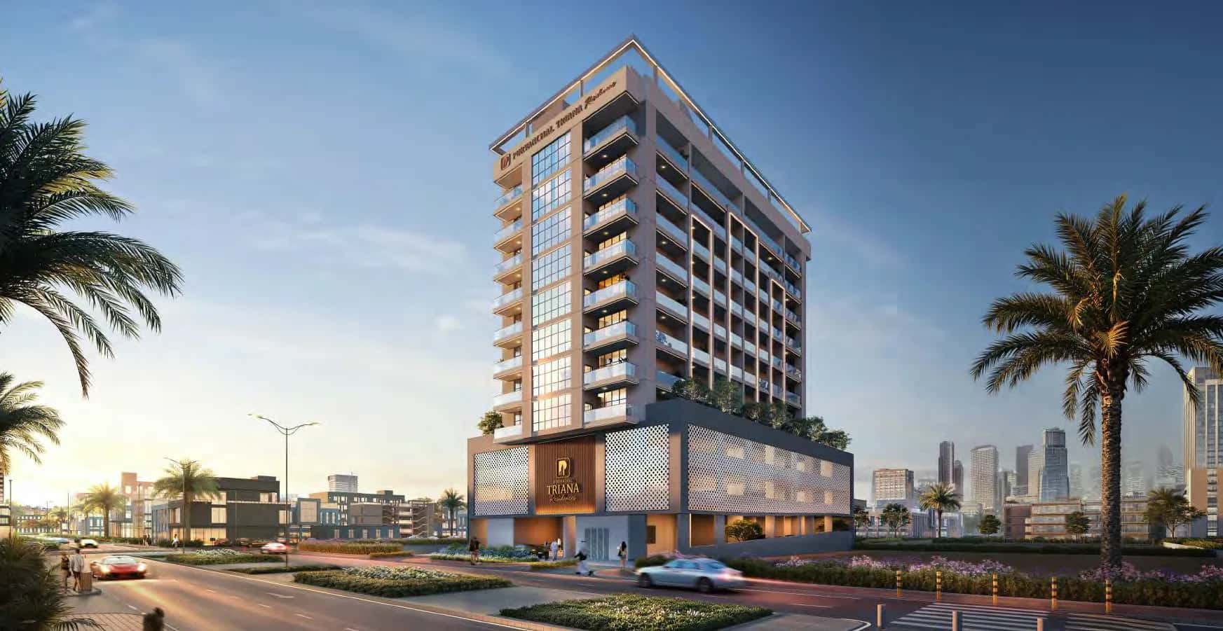 Purvanchal Triana Residences building exterior in Jumeirah Garden City, Dubai off-plan 2027