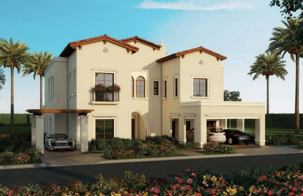 Spanish-style villa exterior with terracotta roof tiles at Rasha, Arabian Ranches, Dubai