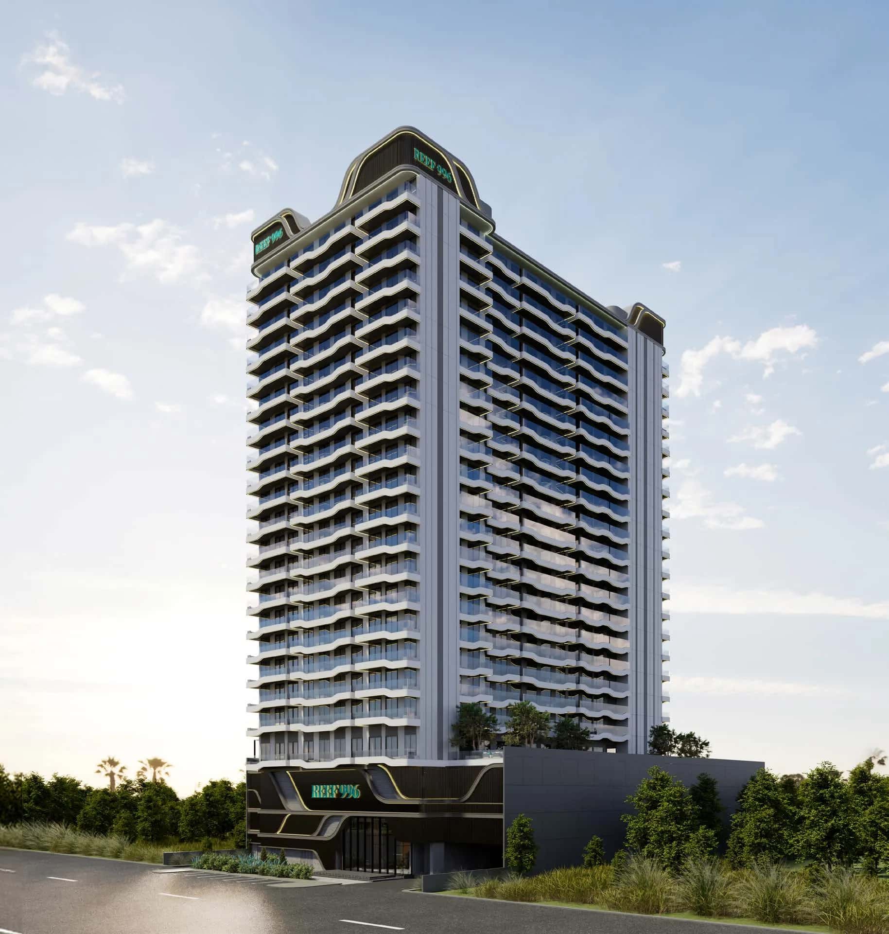 Reef 996 residential tower in Dubai Production City with outdoor-cooled sunken balconies and infinity pool amenity deck