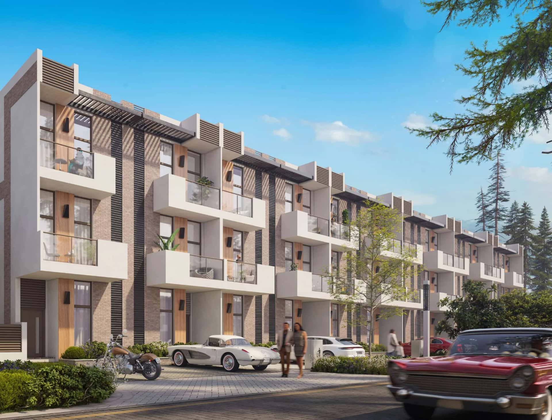 Reportage Hills gated townhouse community with blue-toned facades in Dubailand, Dubai