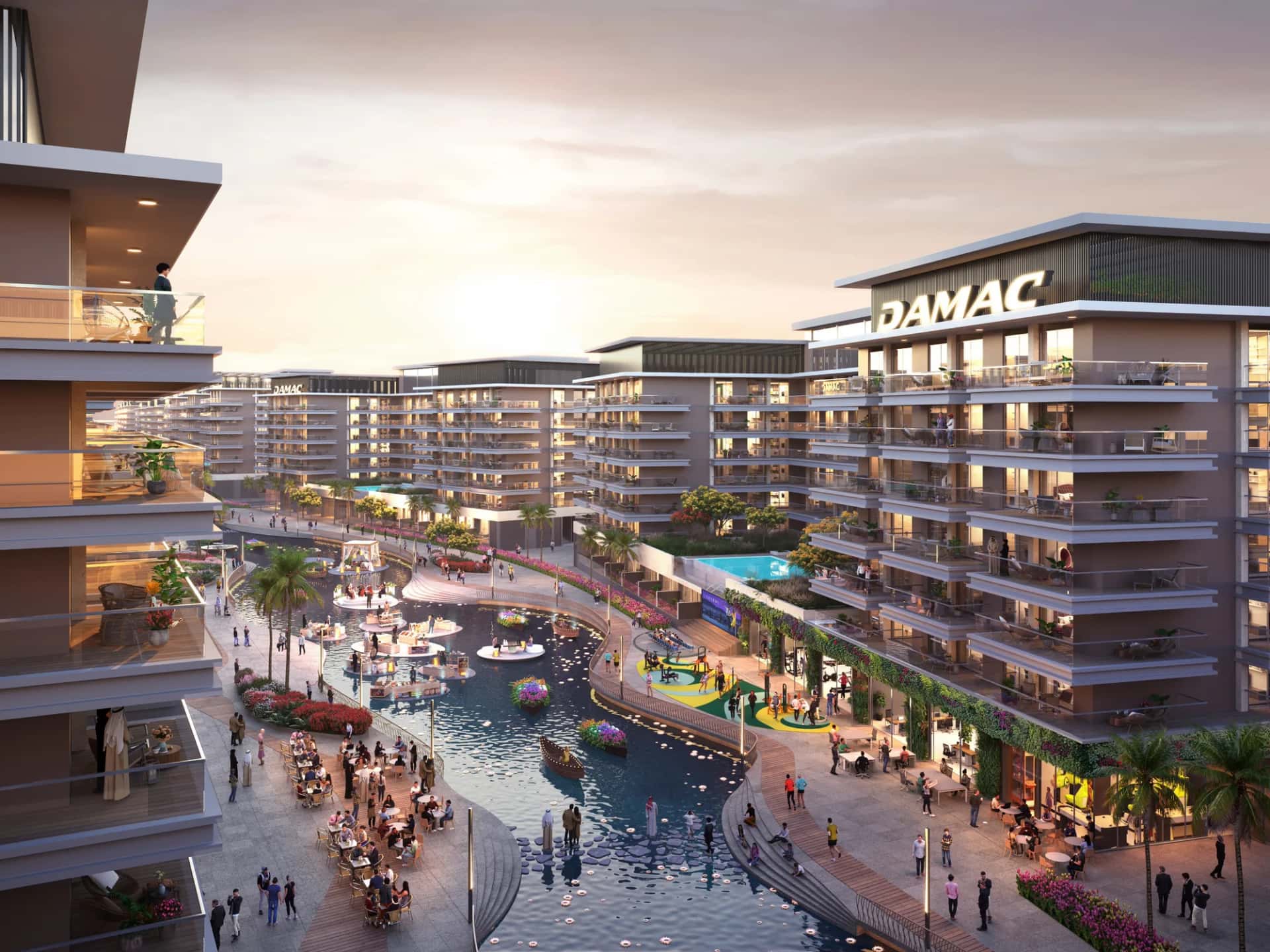 Riverside Views Royal 1 waterside amenities and residential towers by DAMAC Properties