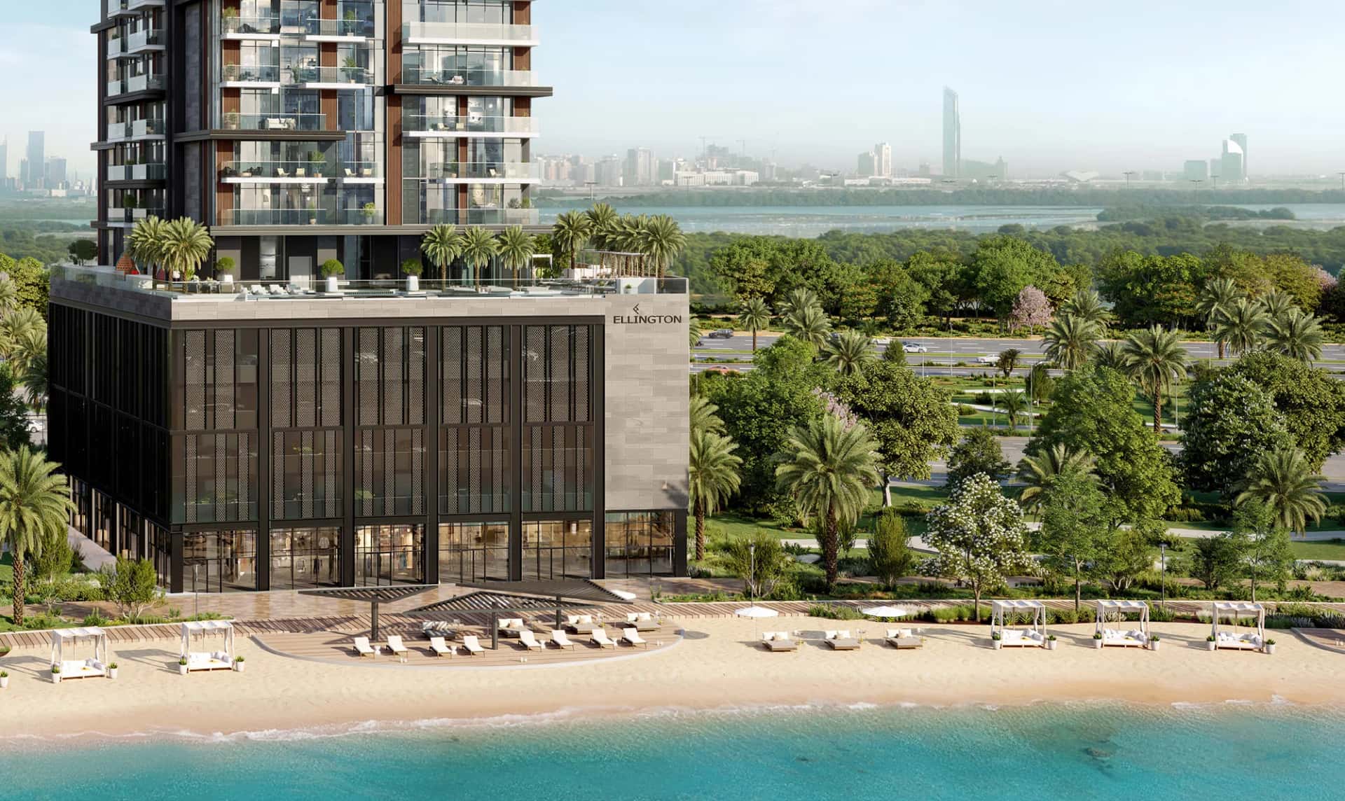 Riverton House tower overlooking the community lagoon with Downtown Dubai skyline in the background