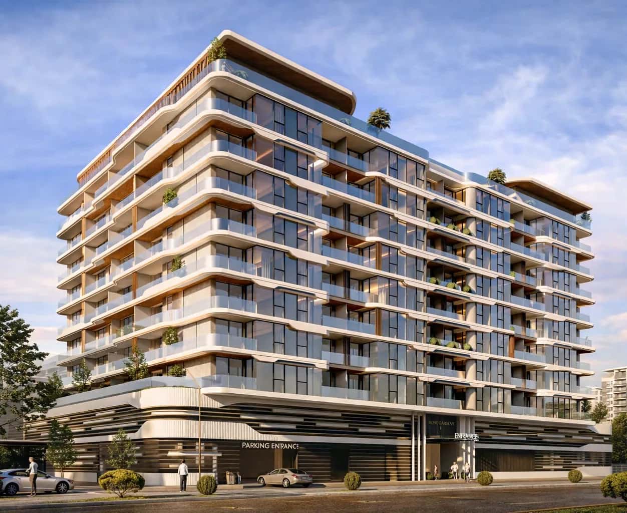 Rose Gardens 1 curved mid-rise residential building in Jumeirah Garden City, Dubai, by ROZ Real Estate Development