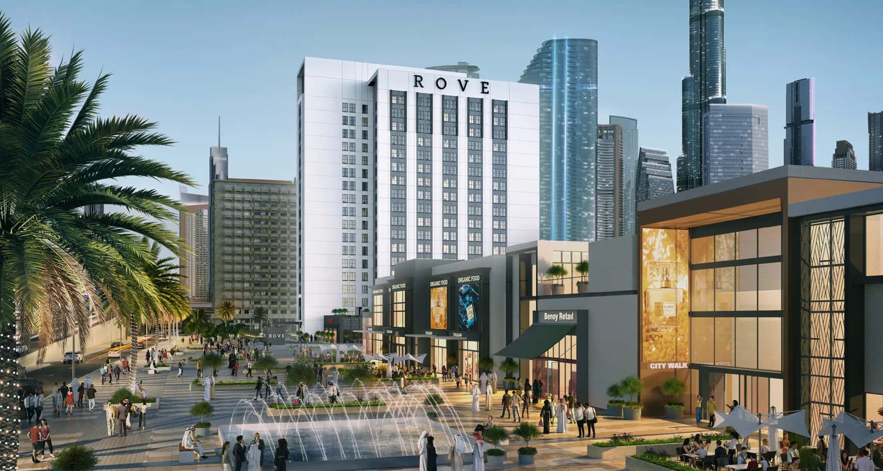 Rove City Walk hotel tower exterior in City Walk district, Dubai, opposite Coca-Cola Arena