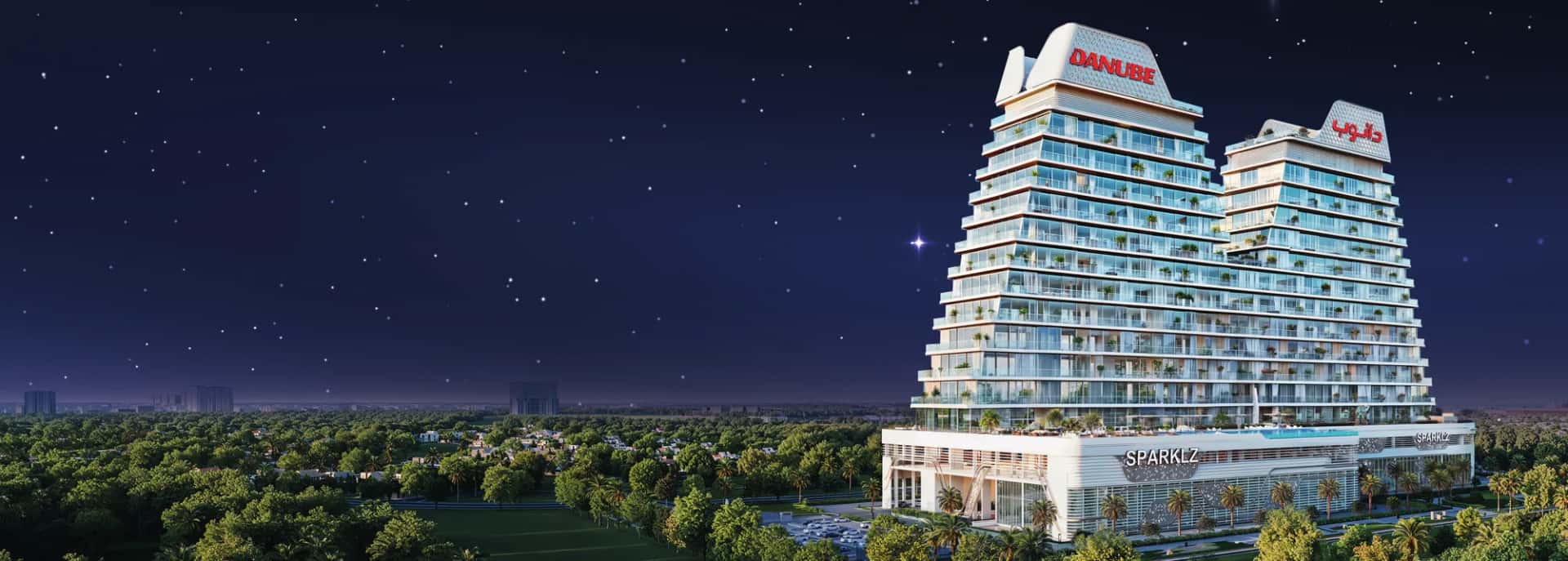 SPARKLZ by Danube twin towers exterior in Al Furjan, Dubai
