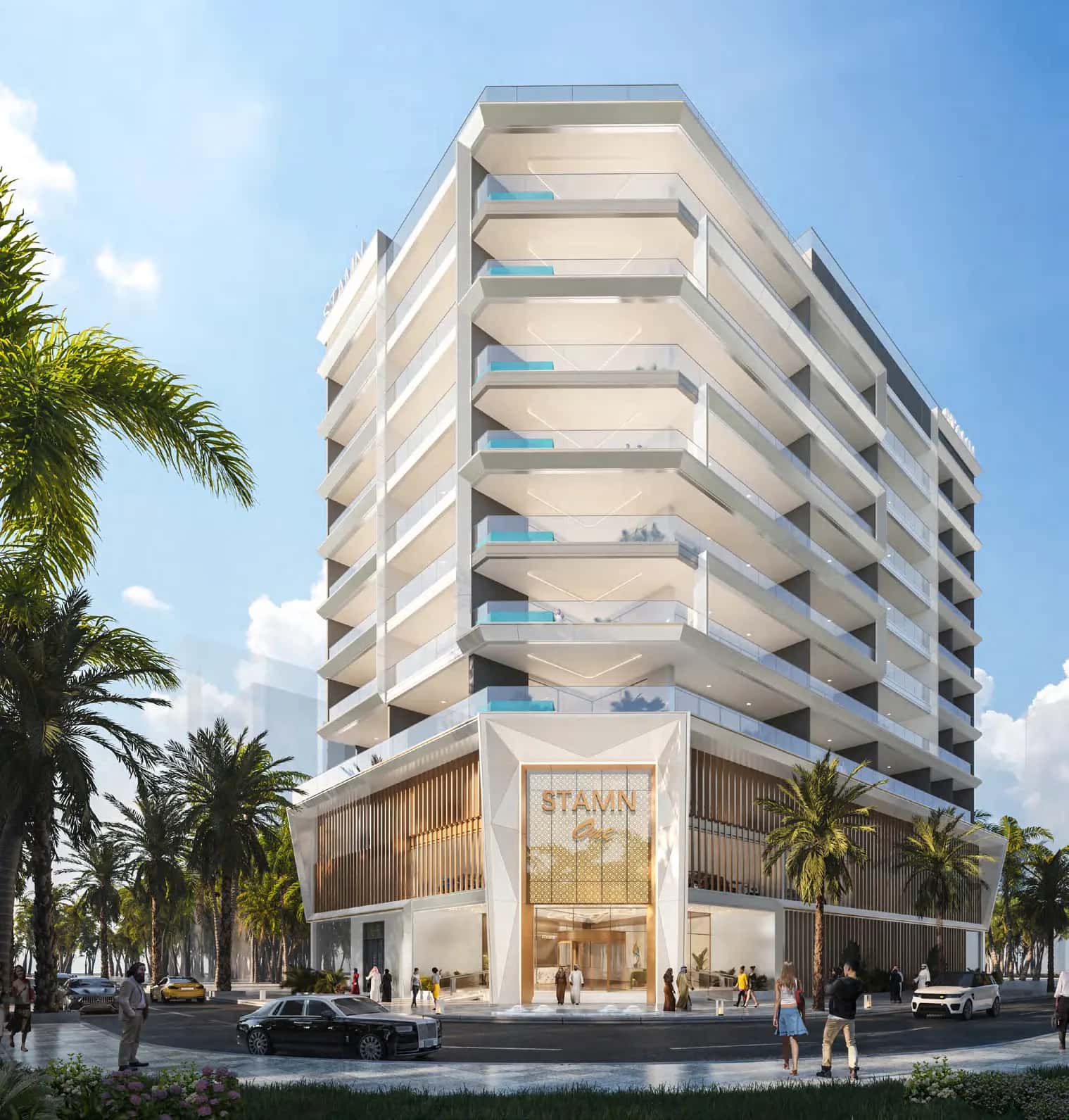 STAMN ONE residential tower facade in Jumeirah Garden City, Dubai, showing contemporary design with detailed exterior finish