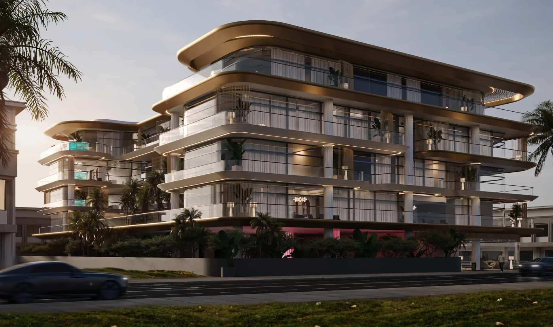 Saddlewood Park low-rise residential building with rooftop infinity pool in Nad Al Sheba, Dubai